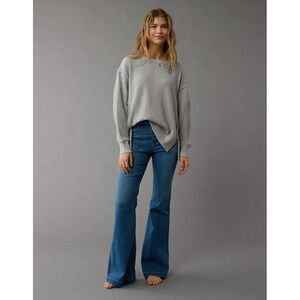 American Eagle Big Hug Waffle Knit Thermal Pullover Gray Oversized Cropped XS